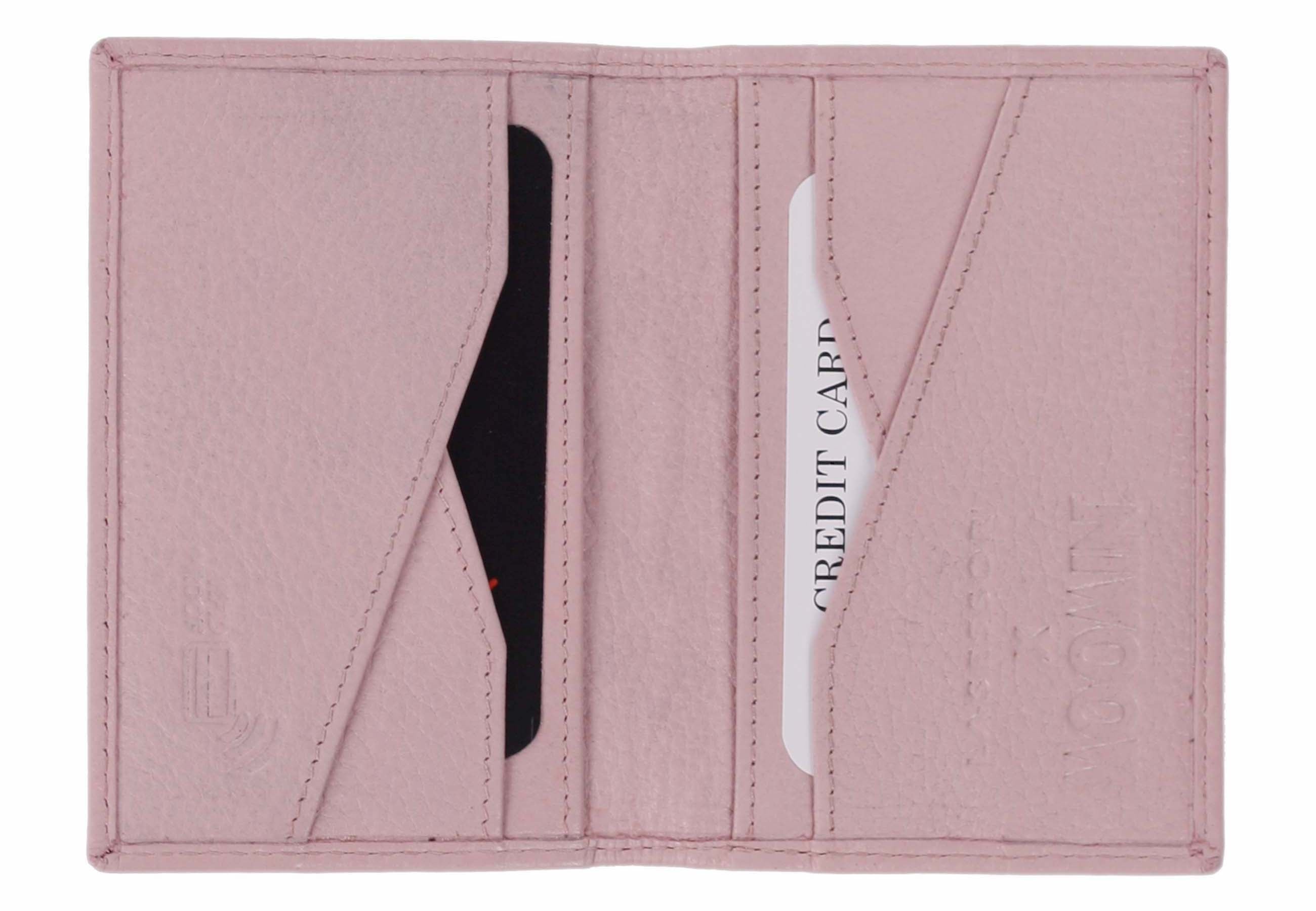 Roosa korttikotelo avattuna, korttipaikat ja selkeä rakenne