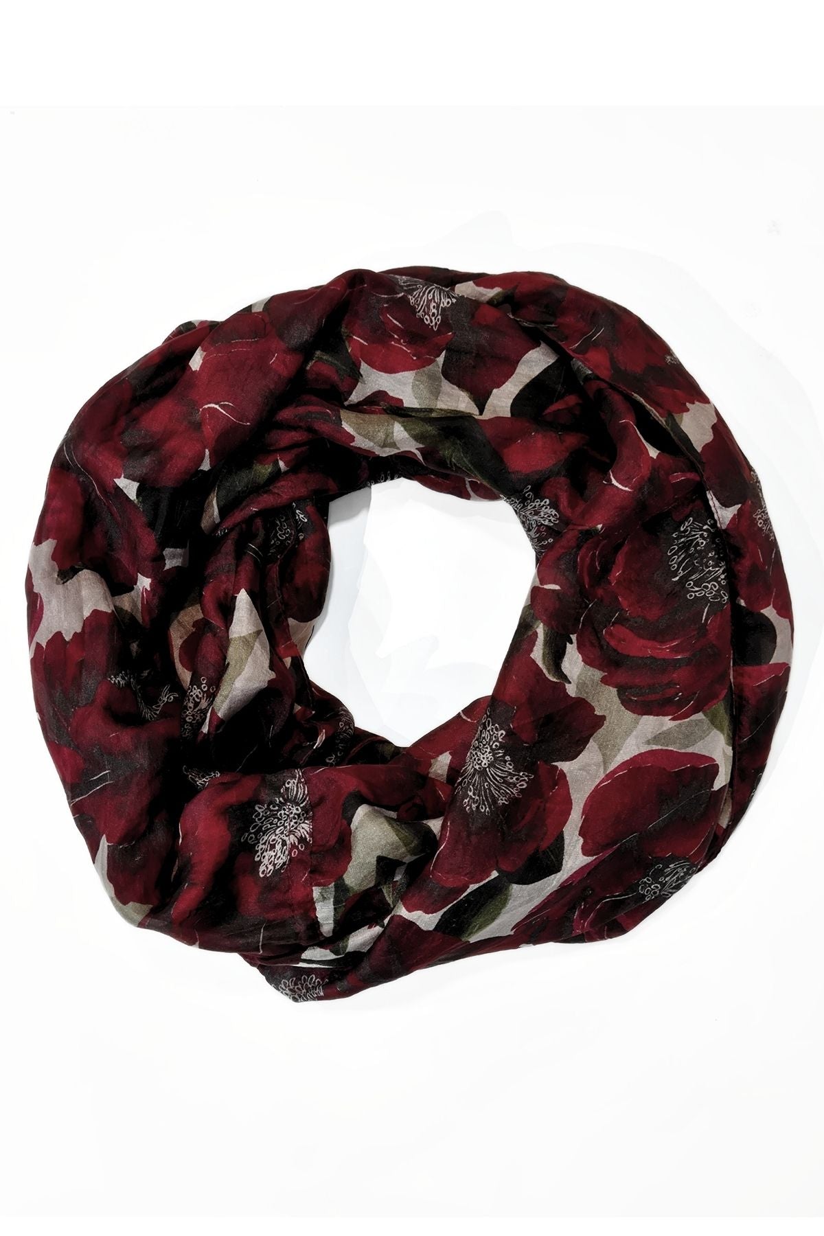 Tuotekuvassa tasolla naisten viininpunainen kukkakuosinen Amina tuubihuivi 100% silkkiä