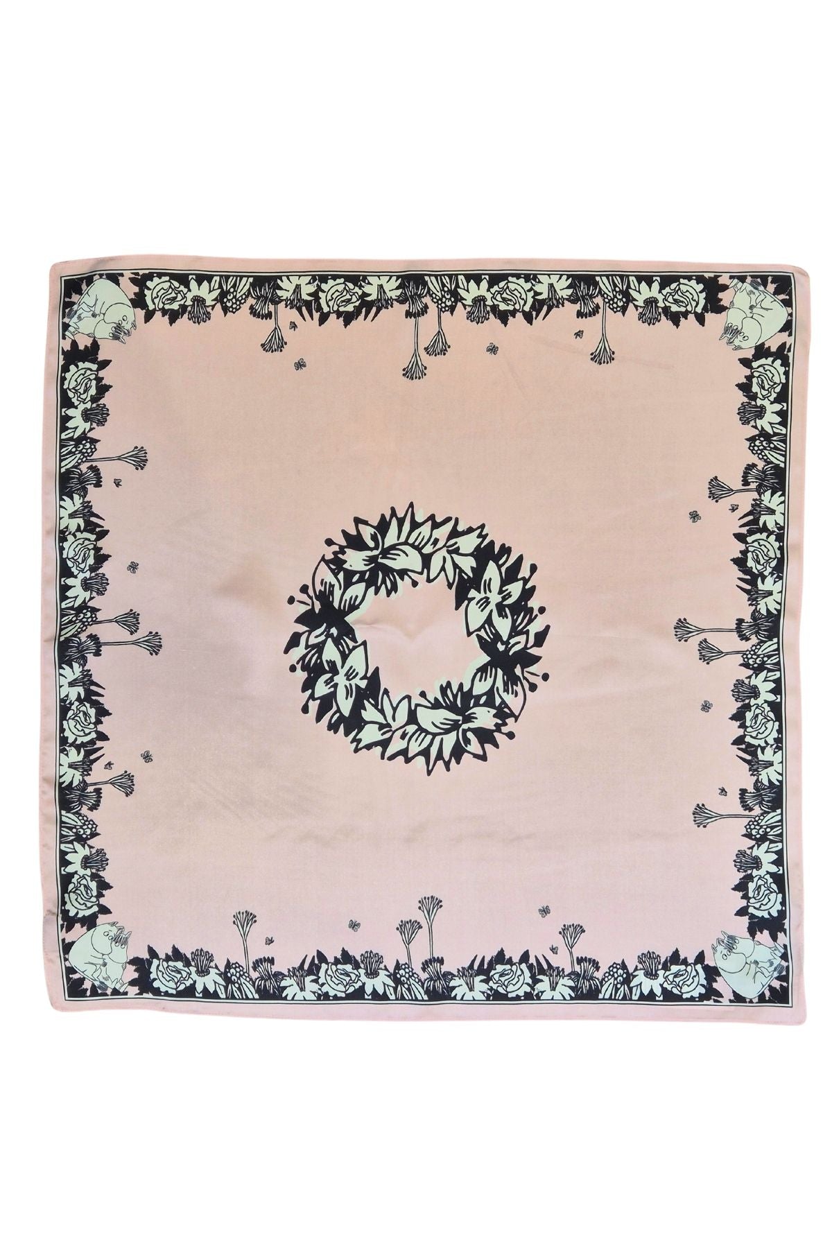 Rosa muumi neliön muotoinen silkkihuivi tasokuvassa kuosi näkyy