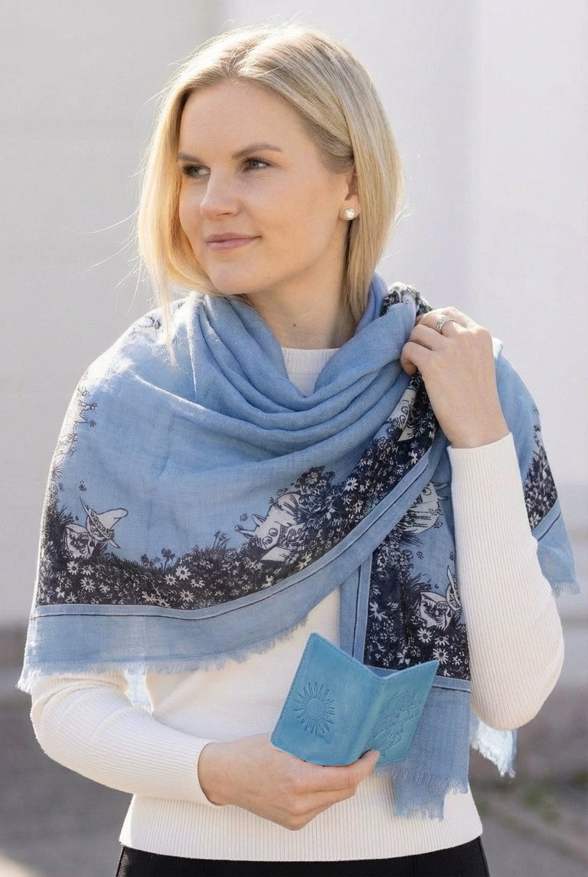 Vaaleansininen Muumi korttikotelo mallin käytössä, kesäinen ilme