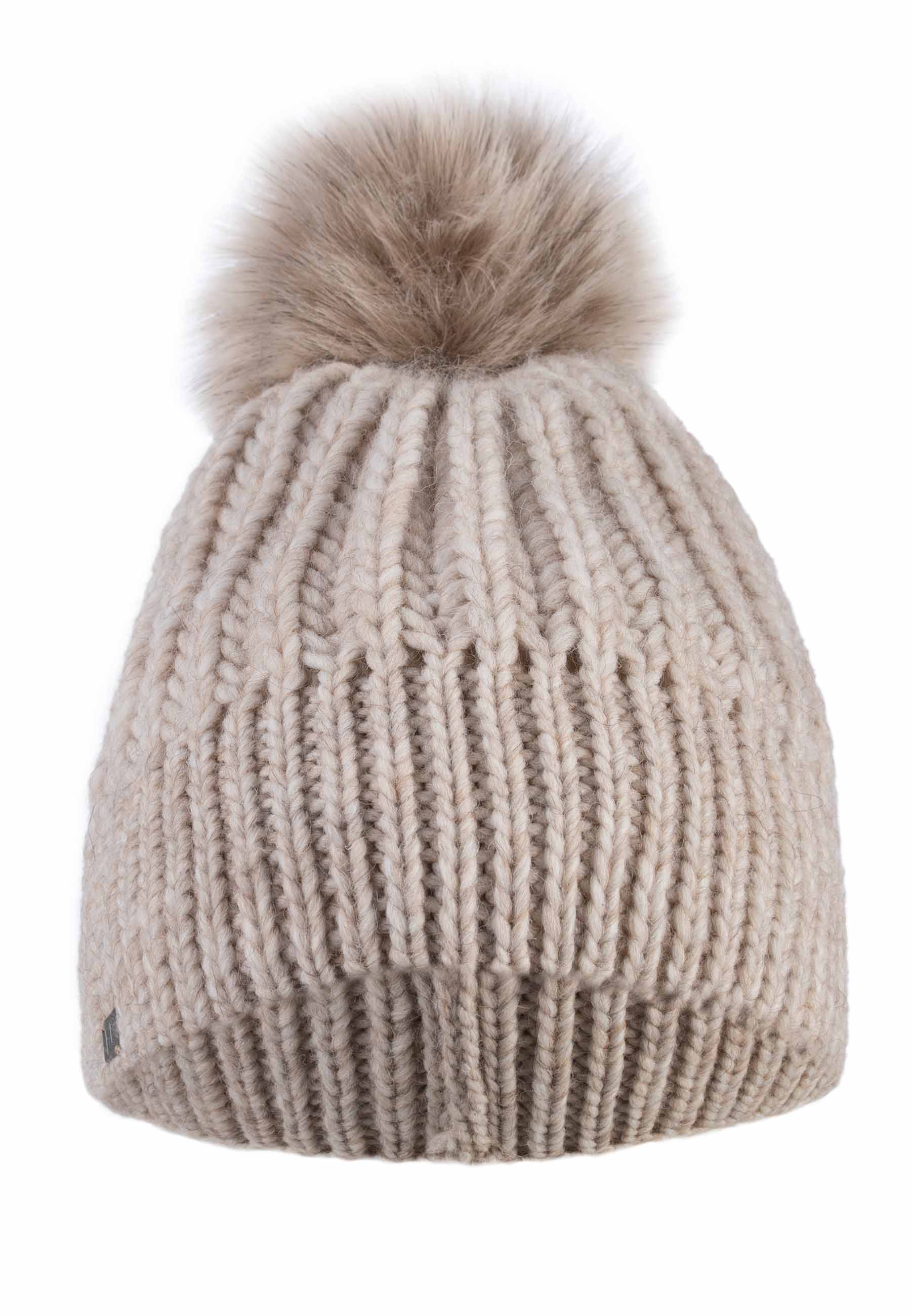 Tyylikäs beige tupsupipo edestä kuvattuna, valkoisella taustalla.