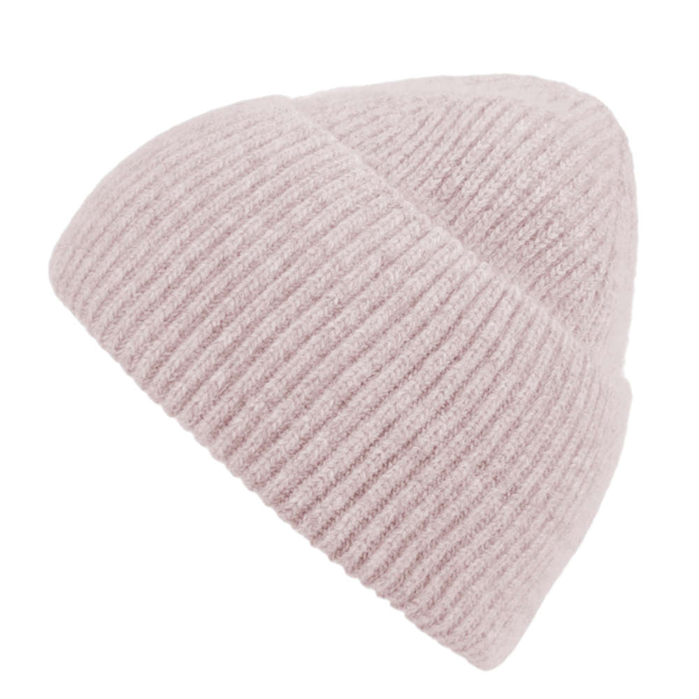 Toinen kuva jossa Halla pipo sivusta valkoisella taustalla värissä rosa
