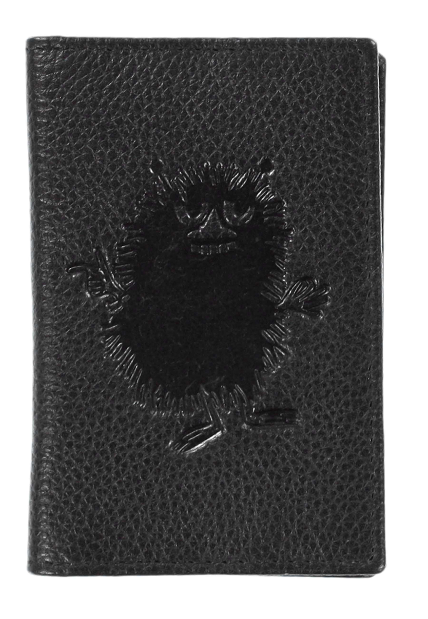 Musta Muumi korttikotelo edestä, tyylikäs Haisuli kohokuvio nahassa