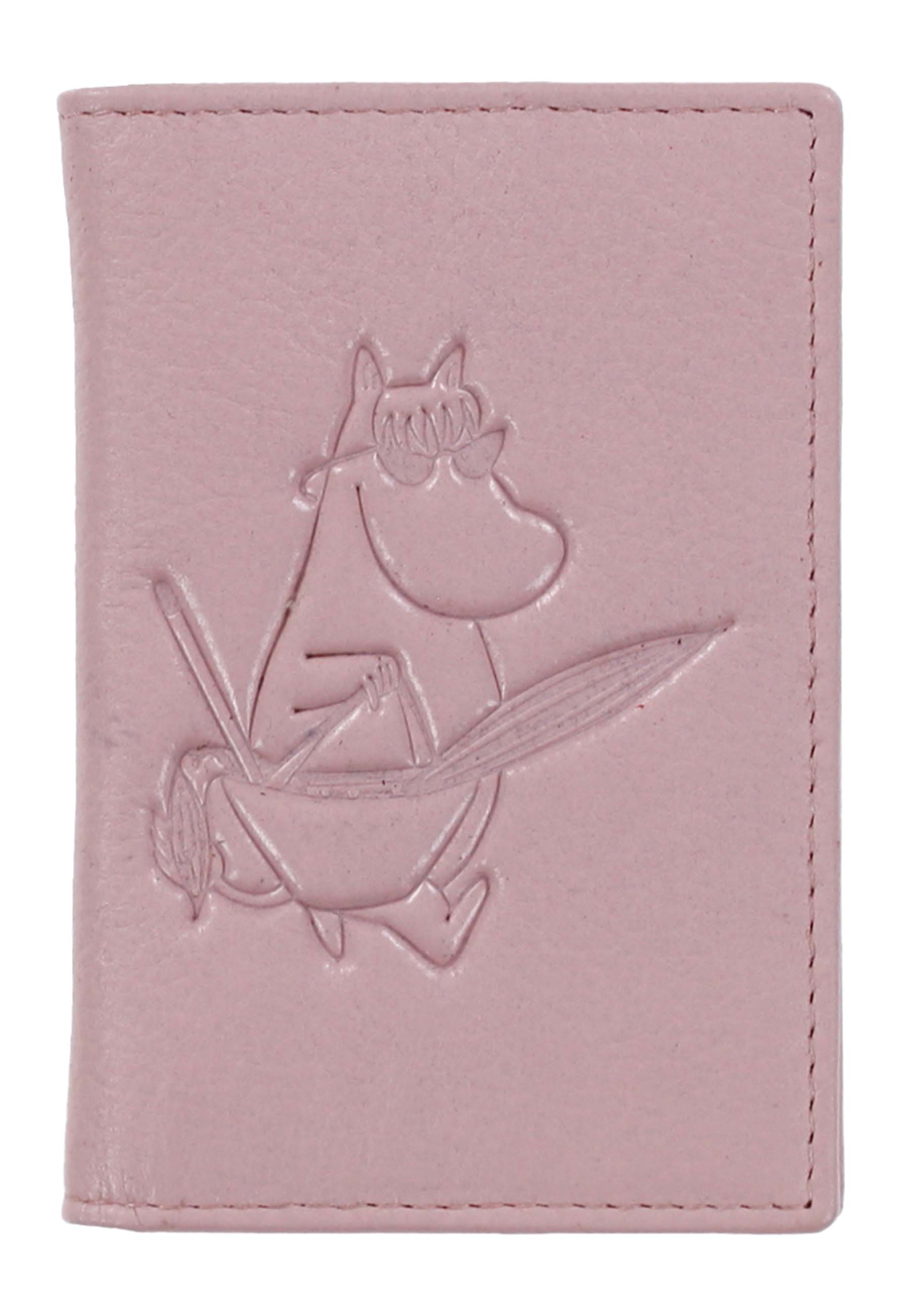 Roosa Muumi korttikotelo edestä, kesäinen Niiskuneiti kohokuvio nahassa painettuna