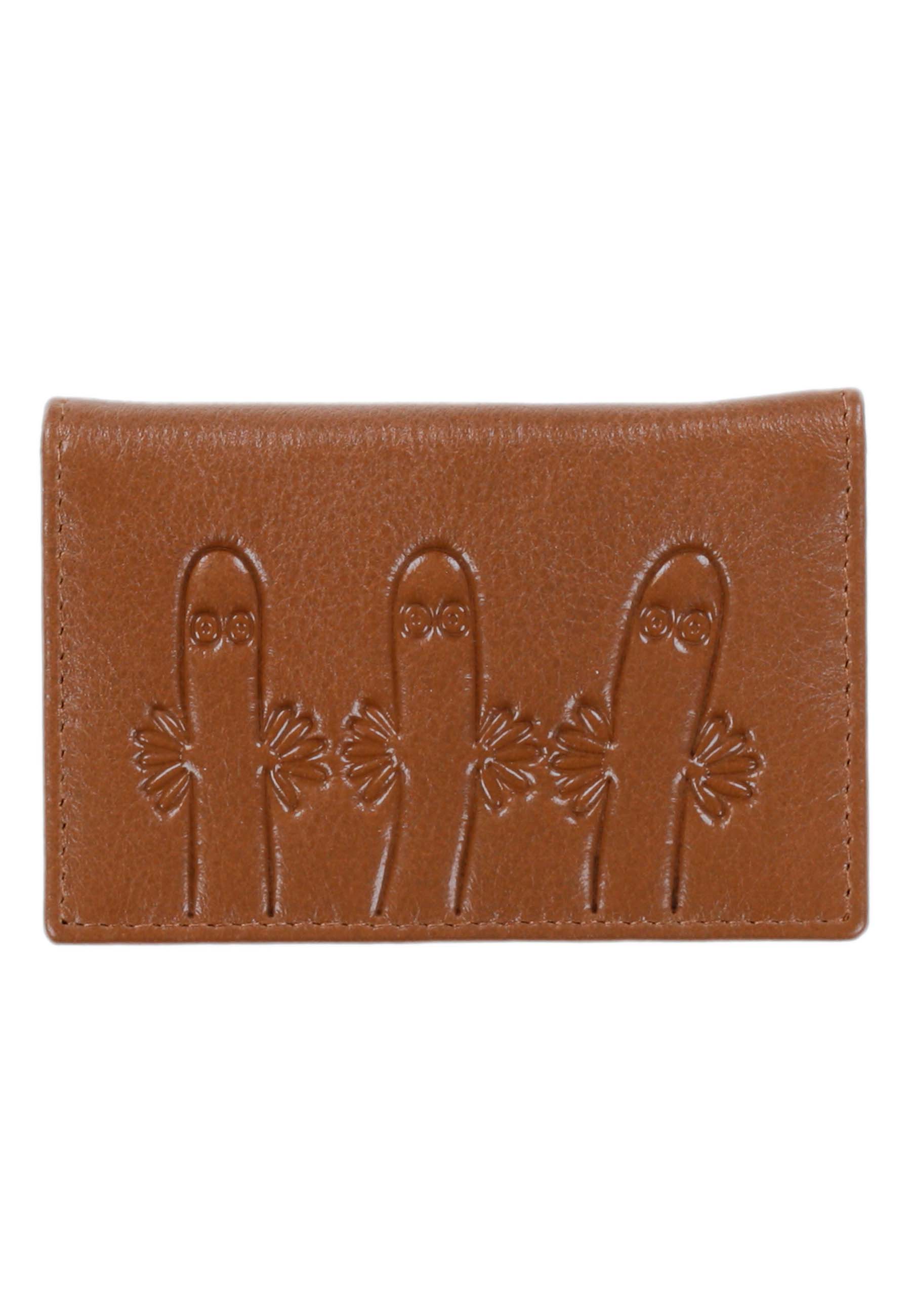 Konjakinvärinen Muumi nahkainen korttikotelo edestä, Hattivatit kuvitus