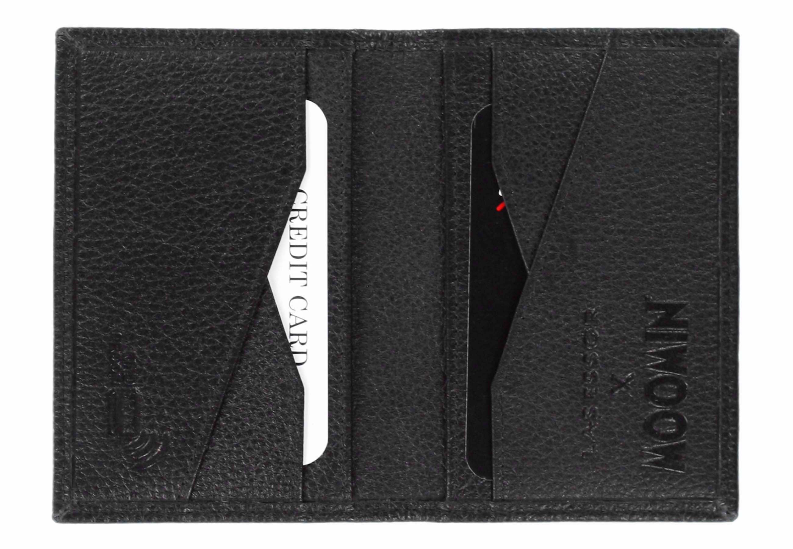 Musta korttikotelo avattuna, RFID-suojattu ja kompakti