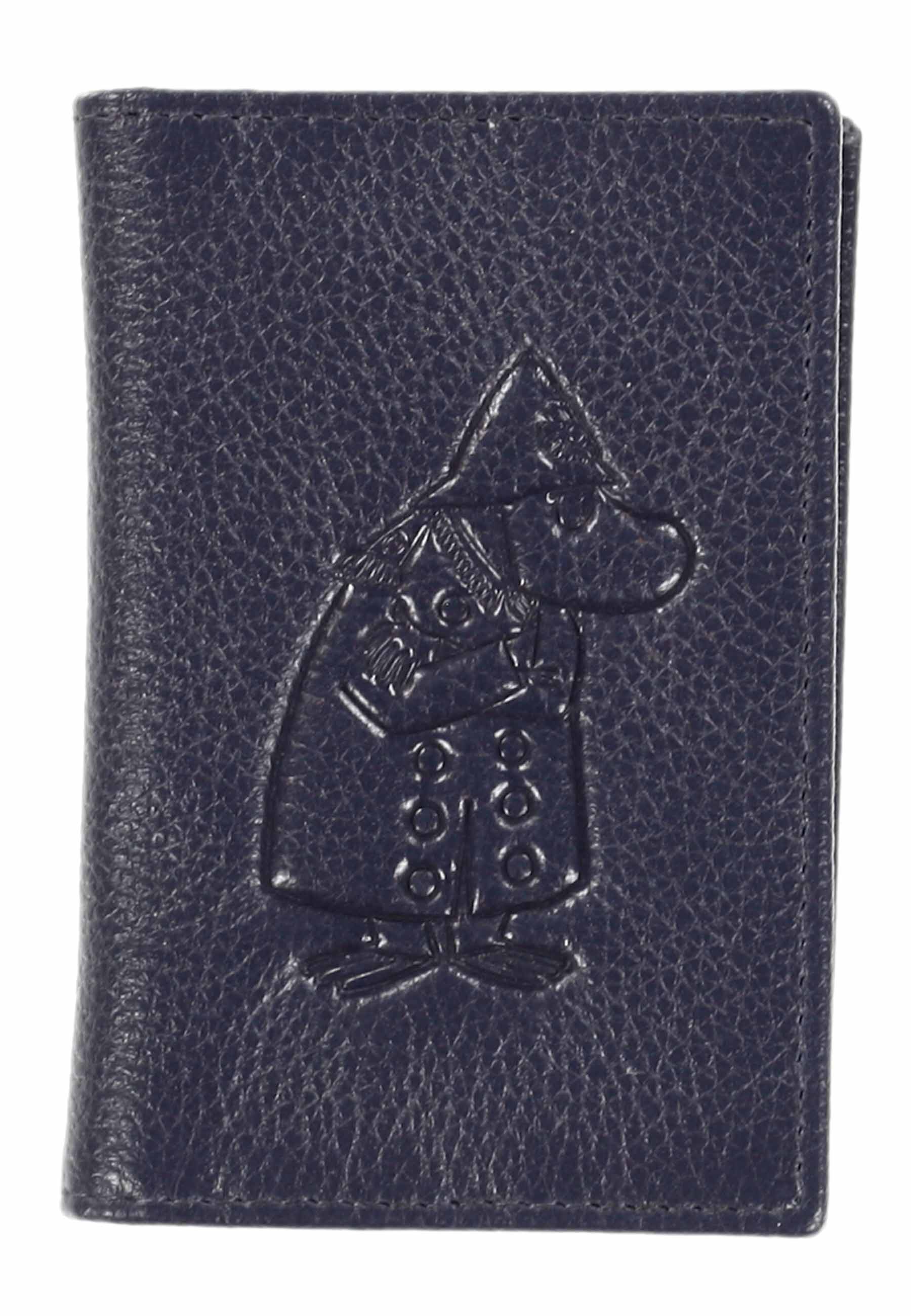 Tummansininen Muumi korttikotelo edestä, Muumi poliisi kohokuvio