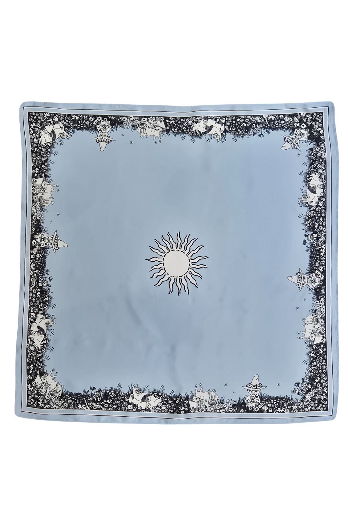 Muumi Kesapaiva silkkihuivi v.sininen flat lay kuosikuva