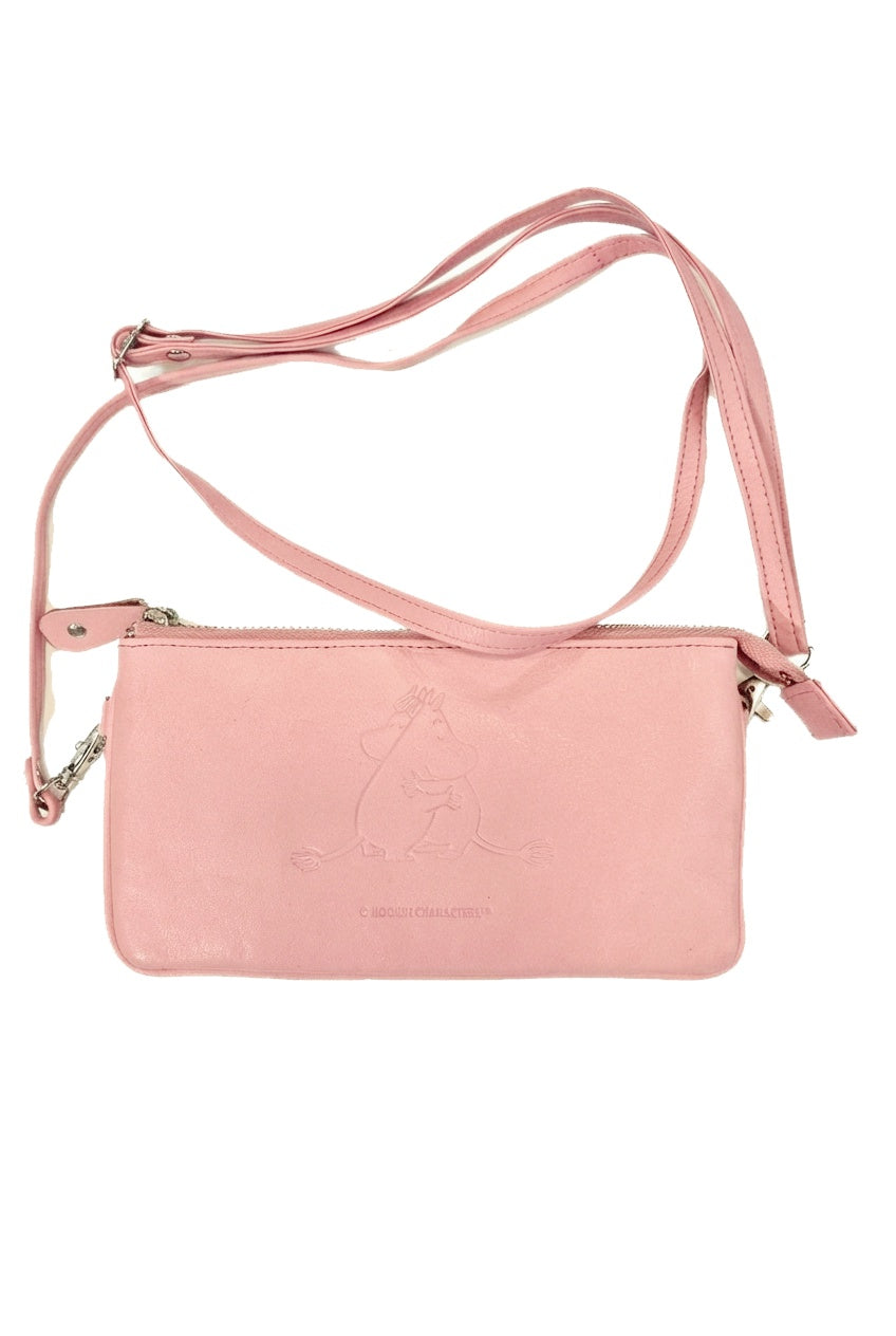 Roosa Muumi lompakko Halaus-kuviolla avattuna paketista, irrotettava olkahihna näkyy