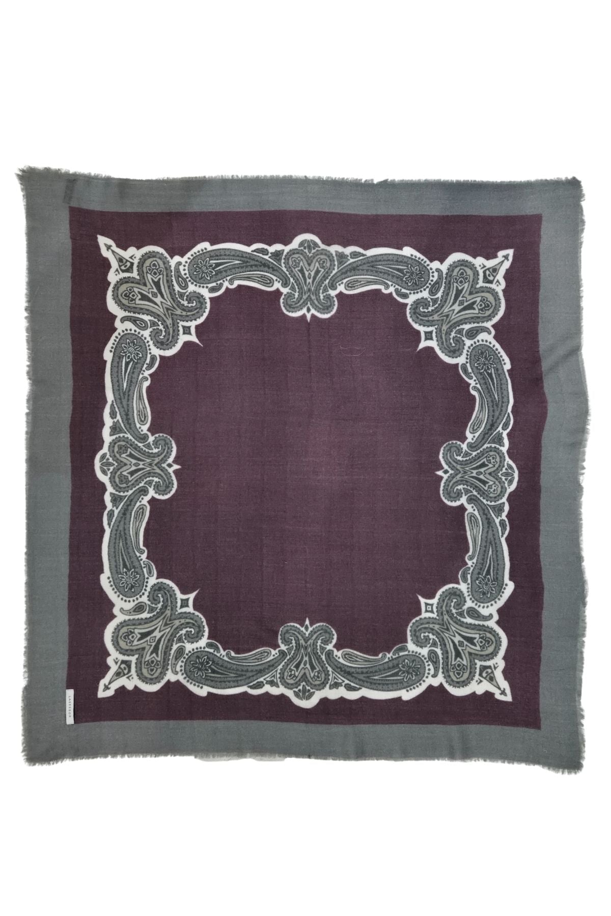 Sharona villa-kashmirhuivi viininpunaisena avattuna, hillitty paisley-kuosi 80 × 80 cm